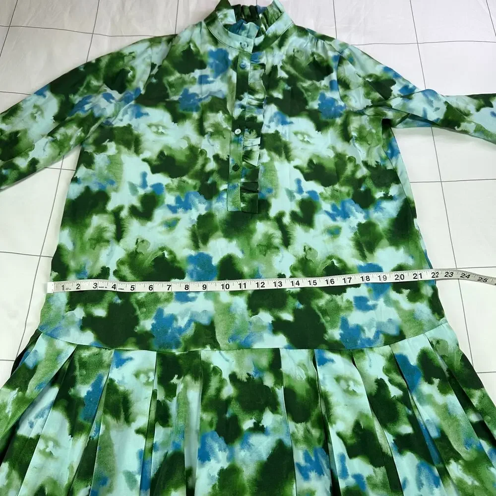 Tuckernuck Dress Womens Medium Green Deep Lagoon Tate Pleated Mini Long Sleeve - Picture 9 of 10
